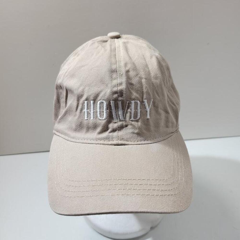 David and Young Hat Cap Strap Back Tan Embroidered HOWDY Slogan Canvas Mens